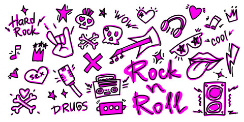 Rock n roll, punk music doodle set. Graffiti, tattoo hand drawn sticker, text, skull, heart, skate, gesture hand. Grunge rock vector illustration.