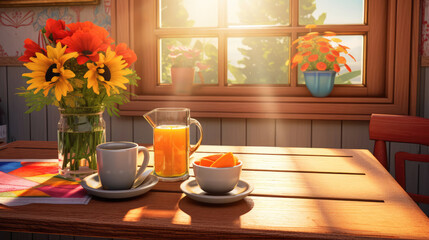 Fototapeta na wymiar In A sunlit breakfast nook a glass brimming, HD, Generative Ai