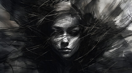 Black and white drawing of a woman's haunted expression, stress and anxiety