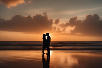 Fototapeta premium Sunset Silhouette of Couple on the Beach. Generative AI