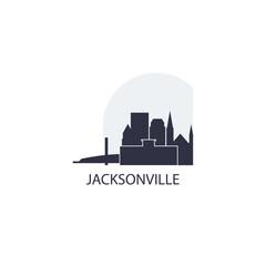 Naklejka premium USA Jacksonville cityscape, skyline, city panorama vector flat logo, icon. United States of America, Florida state emblem with landmarks and building silhouette at sunset sunrise