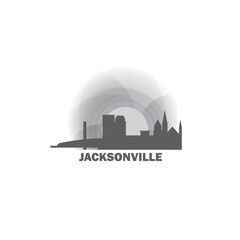 Naklejka premium USA United States Jacksonville cityscape skyline capital city panorama vector flat modern logo icon. US Florida American county emblem idea with landmarks and building silhouette at sunset sunrise