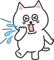 White cartoon cat giving a violent sneeze, vector illustration isolated on a transparent background.