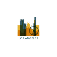 USA United States Los Angeles cityscape skyline capital city panorama vector flat modern logo icon. US California American county emblem idea with landmarks and building silhouette