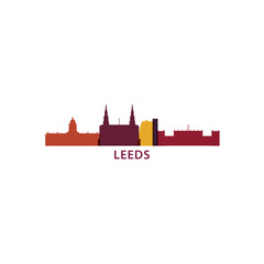 UK England Leeds cityscape skyline capital city panorama vector flat modern logo icon. United Kingdom West Yorkshire emblem idea with landmarks and building silhouettes