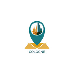Germany, Cologne map pin point, geolocation, skyline shape vector logo, icon, isolated illustration. Web city emblem with landmarks and buildings
