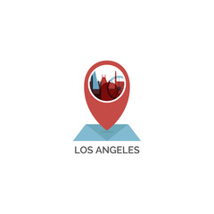 USA United States Los Angeles map pin point geolocation modern skyline shape pointer vector logo icon isolated illustration. US California county emblem idea with landmarks and building silhouettes