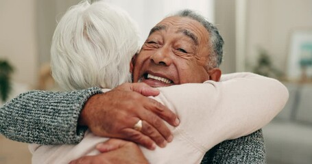 Support, face and elderly friends hug in retirement friendship reunion, bond and help with mental health, grief or sadness. Kindness, empathy or senior people hugging, comfort and care in home lounge