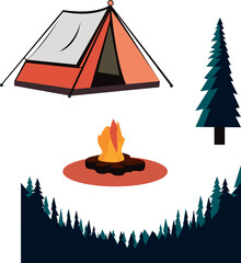Set of elements bonfire, tent, forest, coniferous forest, spruce. Ecological tourism. Vector illustration. Isolated on white background. Vector illustration for posters, banners and logo
