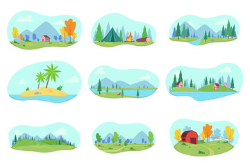 Campsites, islands and countryside vector illustrations set. Cartoon drawings of summer holidays locations, resorts, camping or village landscapes. Nature, vacation, summer, relaxation concept