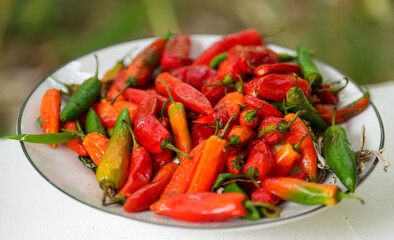 white plate with hot peppers. detail.