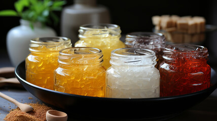 Fototapeta na wymiar Variety of sweeteners - Stevia, sugar, pollen and honey.