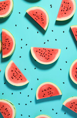 watermelon slices surrounded by coffee soaked seeds on a blue background.