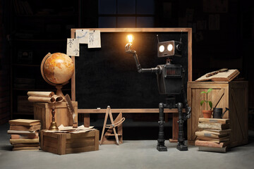 Humanoid robot with a lamp at the blackboard. Classroom interior with educational subjects. The concept of the future of artificial intelligence and the 4th fourth industrial revolution. - 630193898