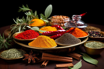 Composition with assortment of spices and herbs.