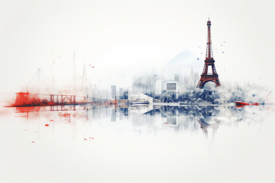 double exposure mid century modern Istanbul city, Bosporus bridge, and Paris city Eiffel tower together.