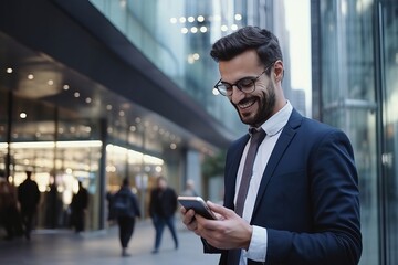 A smiling businessman in fashion clothes using a smartphone, commuting to work in the city.