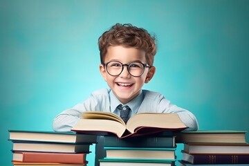 portrait of a happy child little boy with glasses sitting on a stack of books and reading a books, light blue background.