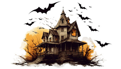 Fototapeta na wymiar Haunted house with bats flying around clipart