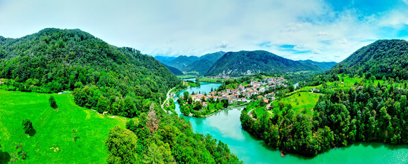 Fototapeta na wymiar Aerial panoramic view on Most na Soci (Most na Soči) is a town in the Municipality of Tolmin in the Littoral region of Slovenia. 
