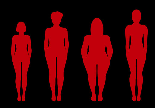 Cuatro siluetas de mujeres de complexi&oacute;n distinta en rojo sobre fondo negro. Violencia de g&eacute;nero. Mujeres v&iacute;ctimas