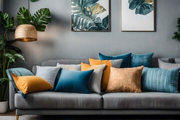 assorted throw pillows on gray couch 