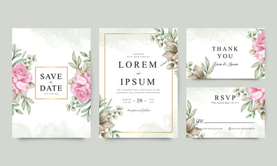 Beautiful wedding invitation card set with flowers and leaves