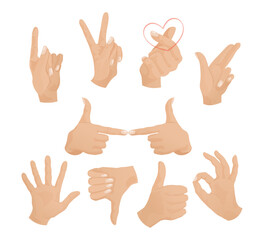 Hand gestures of Caucasian person vector illustrations set. Collection of drawings of character doing peace sign, OK gesture, giving thumbs up and down. Communication, gestures, sign language concept