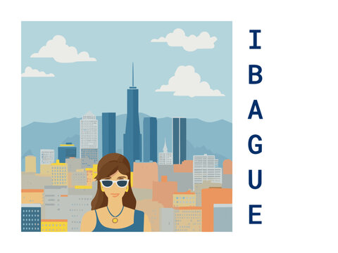 Square flat design tourism poster with a cityscape illustration of Ibague (Colombia)