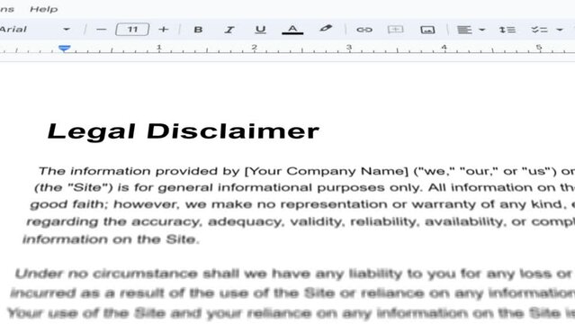 Legal disclaimer text document with terms and conditions
