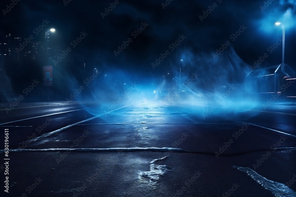 Aufkleber Generative AI : Empty background scene. Dark street reflection on the wet pavement. Rays of neon light in the dark, neon figures, smoke. Night view of the street, the city. Abstract dark background. 3