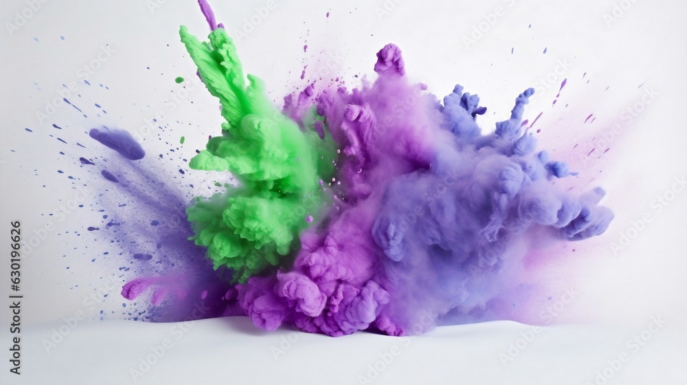 Poster Generative AI : Explosion of vibrant Soft Violet and Light Green powder. Freeze motion of color powder exploding. Illustration
