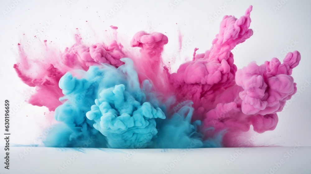Poster generative ai : freeze motion of pale turquoise and soft pink color powder exploding on white backgr