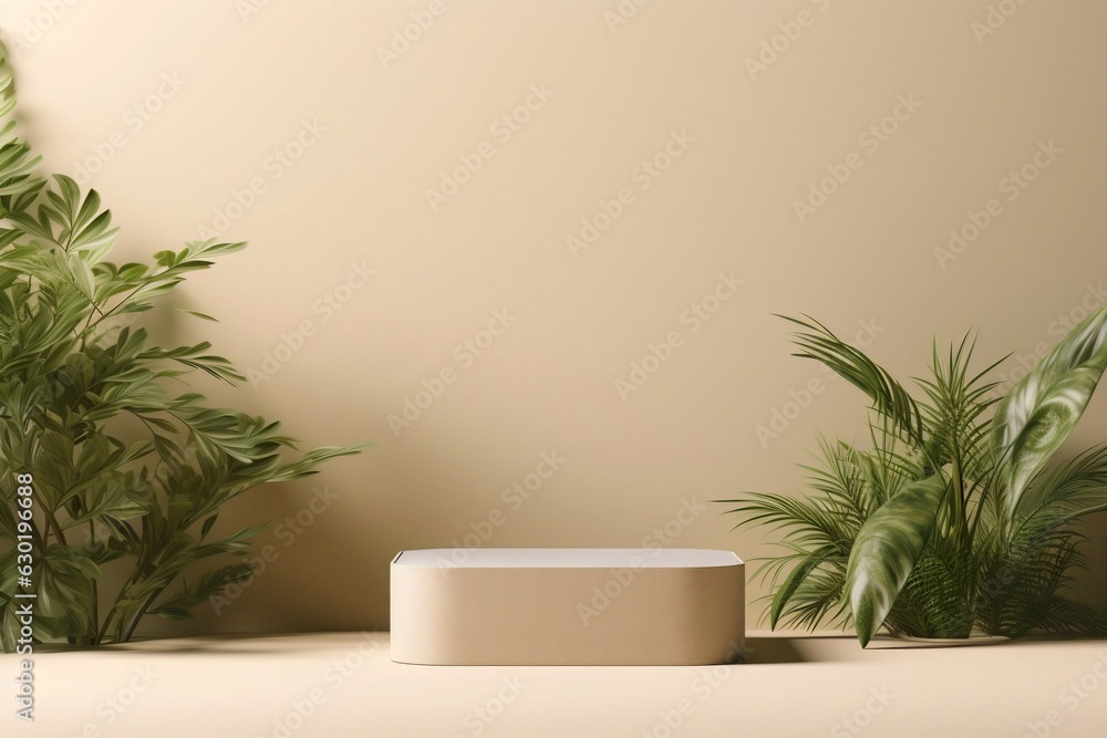 Aufkleber generative ai : display scene pastel podium with geometric shapes, pedestal empty on one floors, cir