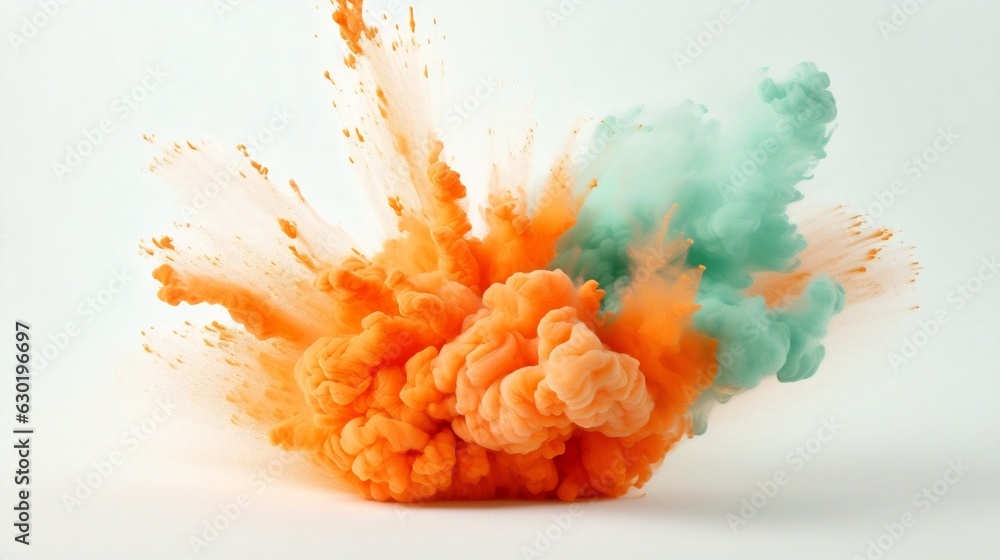 Poster Generative AI : Colored powder explosion on a white background. Abstract closeup dust on backdrop. Colorful explode. Paint holi
