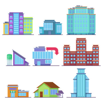 Colorful buildings and skyscrapers vector illustrations set. Cartoon drawings of buildings, house with solar panels, shop or store, urban buildings. Cityscape, architecture, urban life concept