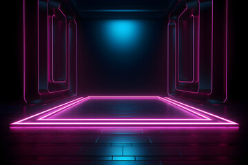 dark room with neon lights glowing lines futuristic retro, Empty background scene. Dark street spotlight reflection Rays neon light in the dark, neon figures abstract spotlight, AI generate