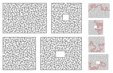 A set of maze games. A set of  Square and rectangular mazes of medium difficulty. The solutions of the labyrinths are marked with a red line.