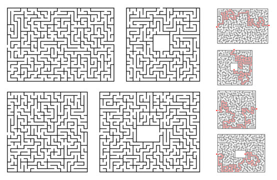 A set of maze games. A set of  Square and rectangular mazes of medium difficulty. The solutions of the labyrinths are marked with a red line.