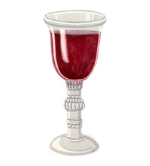 Glass of red wine watercolor illustration isolated on white background. Vintage transparent goblet for kiddush and Shabbat