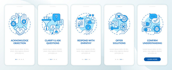 Objection handling process blue onboarding mobile app screen. Sales script walkthrough 5 steps editable graphic instructions with linear concepts. UI, UX template. Myriad Pro-Bold, Regular fonts used