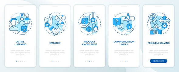Salesperson essential skills blue onboarding mobile app screen. Sales rep walkthrough 5 steps editable graphic instructions with linear concepts. UI, UX template. Myriad Pro-Bold, Regular fonts used