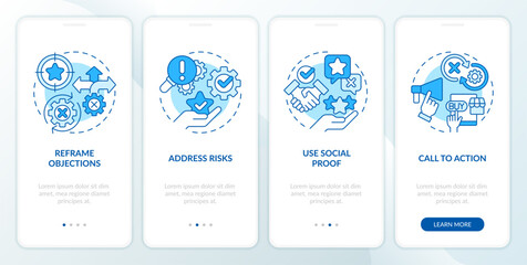 Objection handling techniques blue onboarding mobile app screen. Sales pitch walkthrough 4 steps editable graphic instructions with linear concepts. UI template. Myriad Pro-Bold, Regular fonts used
