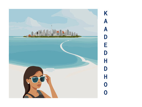 Square flat design tourism poster with a cityscape illustration of Kaadedhdhoo (Maldives)
