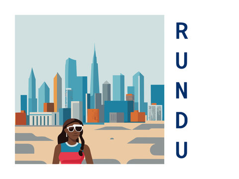 Square flat design tourism poster with a cityscape illustration of Rundu (Namibia)