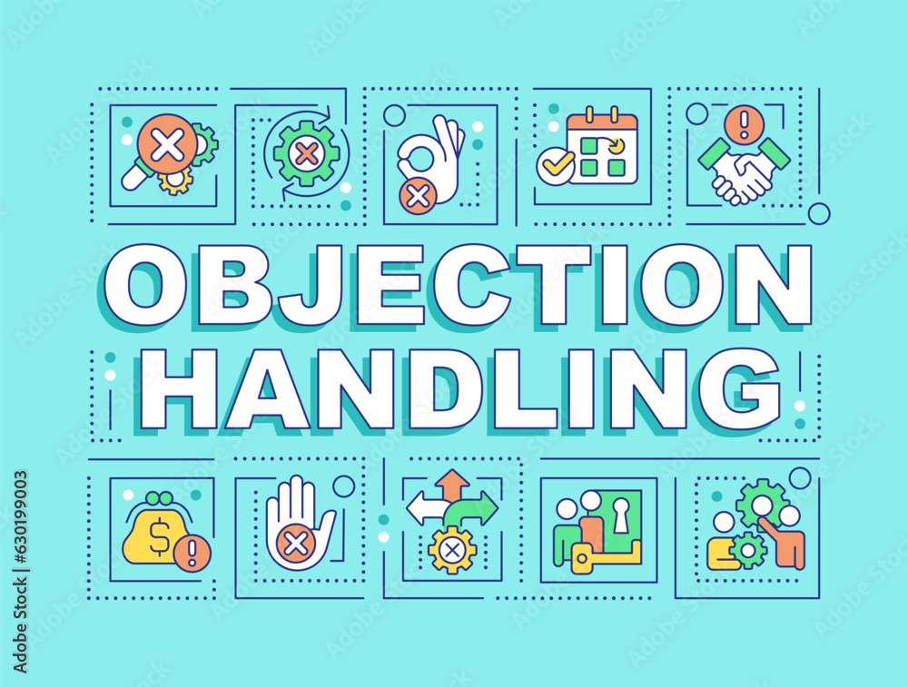 Poster objection handling word concepts light blue banner. sales technique. infographics with editable icon