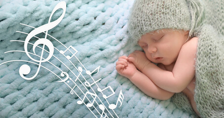 Lullaby songs, banner design. Cute little baby sleeping on fluffy blanket. Illustration of flying...