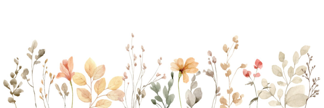 Watercolor vector border of fall twigs and flowers isolated on a white background.