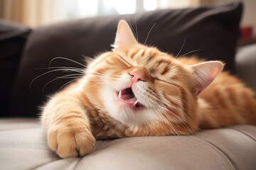 Funny smiling cat is lying