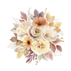 Watercolor vector autumn bouquet with soft light blush roses and leaves.